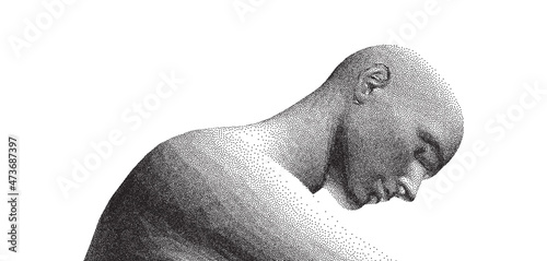 Abstract man head made from dots. Side view of dotted face background. Facial recognition. 3D vector illustration.