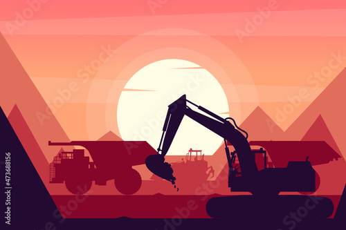 Heavy machinery with crawler loader, mining truck and excavator in a mine with sunset background