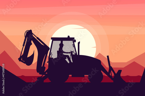 operator driving a backhoe heavy machinery with a sunset landscape in the background