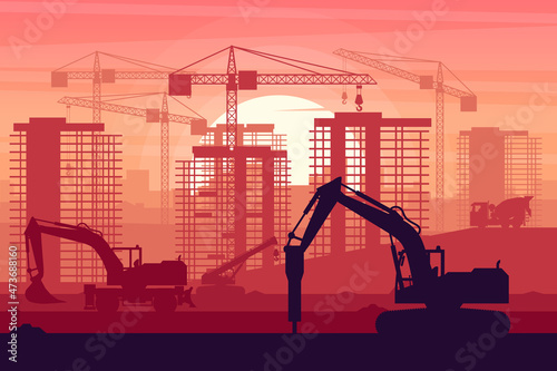 Heavy machinery of wheel excavator, concrete truck, hammer excavator and telescopic crane working on building construction with sunset background
