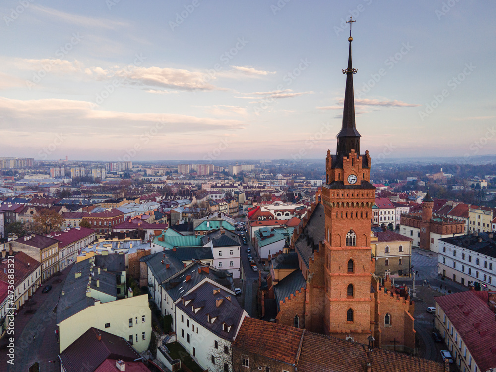 Obraz premium Skyline of Tarnow Old Town in Lesser Poland. Aerial Drone View at Sunset