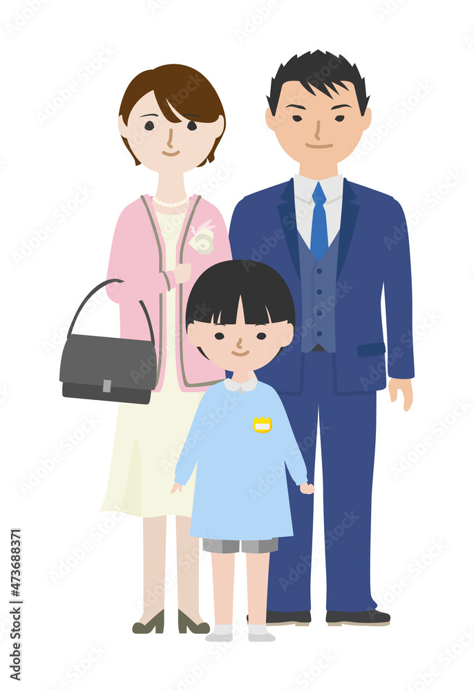 スーツ姿の両親とスモックを着た男児
