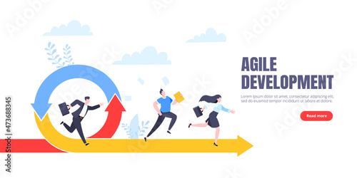 Agile development methodology business concept flat style design vector illustration isolated on white background. Agile life cycle for software development diagram. Business person run into project.