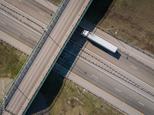 Aerial drone top down video. Highway traffic. Russia.