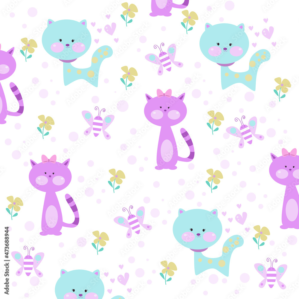 Vector illustration of cute cat with beautiful butterfly seamless pattern Vector illustration of cute cat with beautiful butterfly seamless pattern