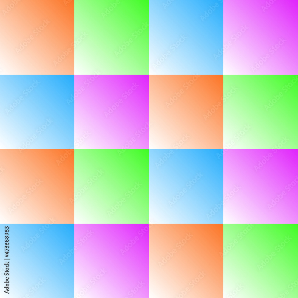 Geometric pattern of squares in orange, pink, green and blue shades for background. Seamless pattern of abstract elements with fill for textiles.