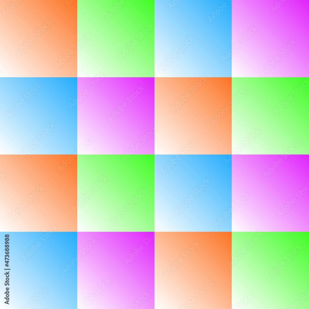 Fototapeta premium Geometric pattern of squares in orange, pink, green and blue shades for background. Seamless pattern of abstract elements with fill for textiles.