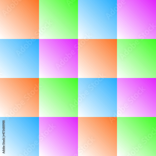 Geometric pattern of squares in orange, pink, green and blue shades for background. Seamless pattern of abstract elements with fill for textiles.