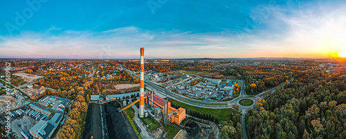 Heat Plant with Coal Fuel in Tarnow, Poland. Aerial Panoramic Drone View on Industrial Zone