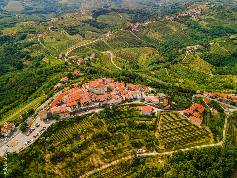 Smartno Townscape in Goriska Brda a Famous Wine Region of Slovenia .Drone Aerial view - obrazy, fototapety, plakaty 