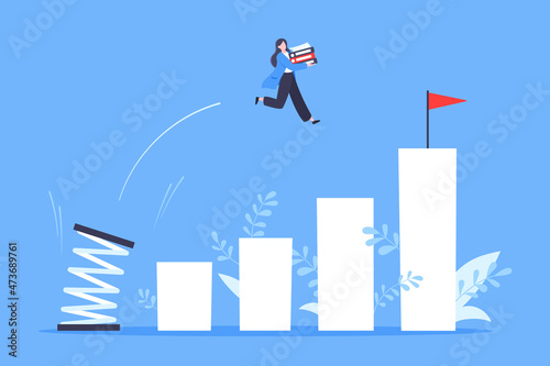 Springboard businesswoman high jump flat style design vector illustration concept. Business person jumps above career ladder. Success growth, motivation opportunity, boost career concept.
