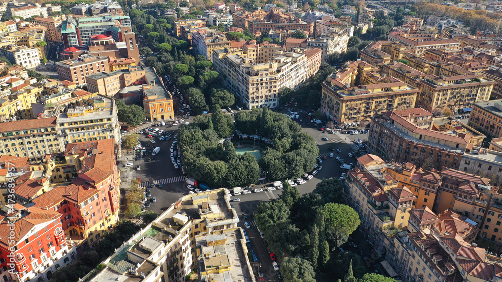 Aerial drone photo of iconic Piazza Mazzini or Mazzini square in the centre of Prati with beautiful Roman building architecture and small fountain, Rome, Italy