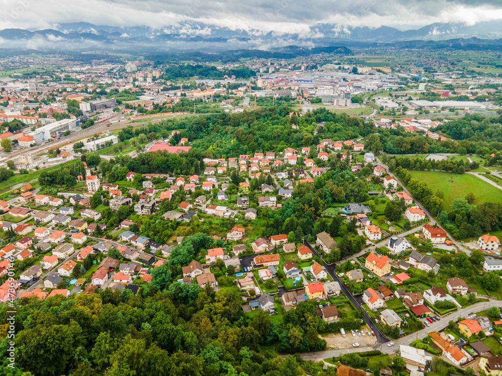Celje Cityscape In Slovenia Third Largest City. Aerial Drone view