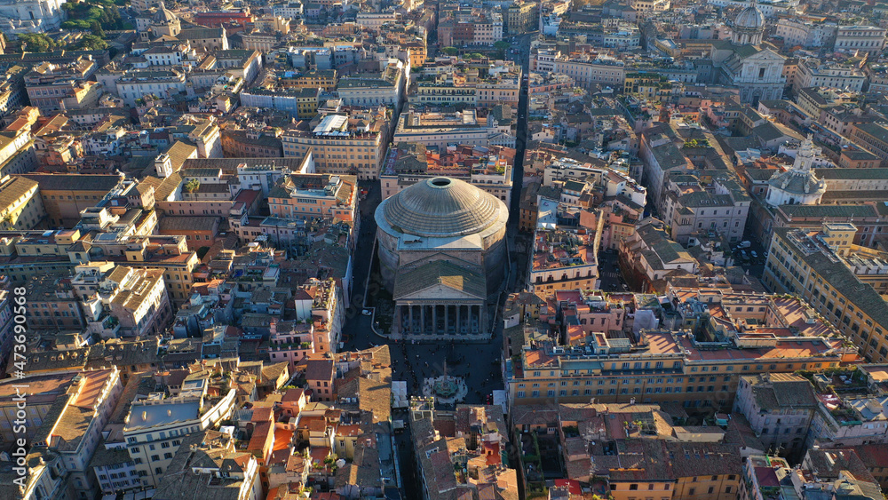 Aerial drone photo of iconic temple of Pantheon built in 118 to 125 A.D. with a dome and renaissance tombs, including Raphael's, Rome historic centre, Italy
