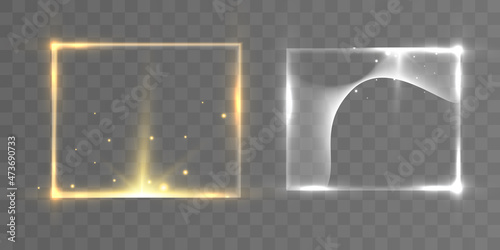 Gold frame with light effects. Shining rectangle banner. Isolated on black transparent background. Vector illustration, eps 10.