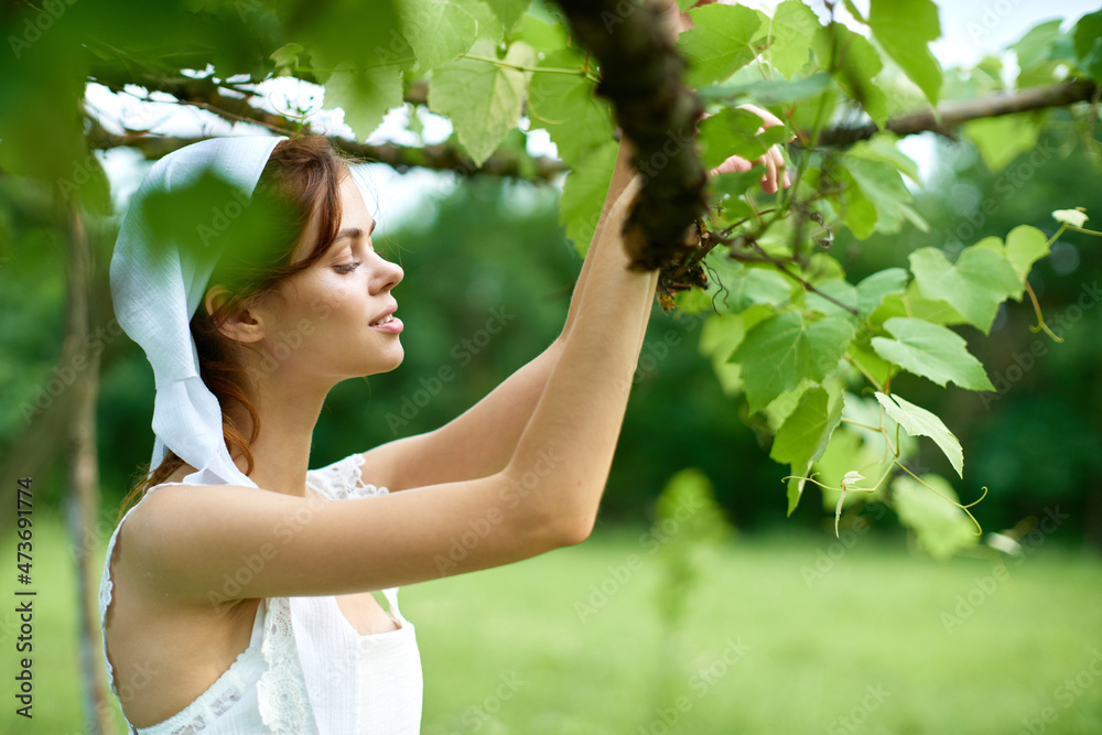 cheerful woman outdoors in the garden countryside ecology nature cheerful woman outdoors in the garden countryside ecology nature