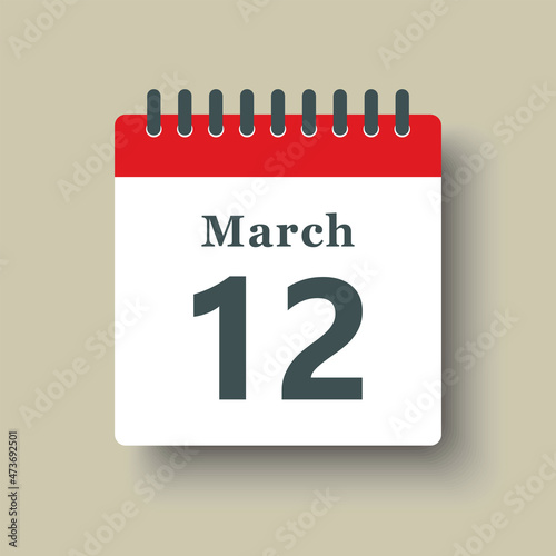Icon day date 12 March, template calendar page