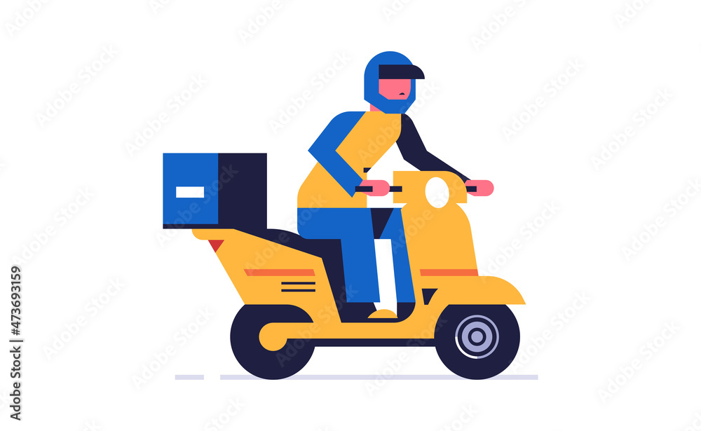 Courier online delivery of parcels. A delivery courier rides a yellow motorcycle wearing a helmet with an order box. Flat vector illustration isolated on background