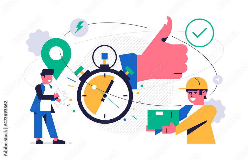Online parcel delivery service concept. Online service for fast delivery of parcel to your home. A happy man gets a quickly completed order from a courier. Courier with box. Flat vector illustration Online parcel delivery service concept. Online service for fast delivery of parcel to your home. A happy man gets a quickly completed order from a courier. Courier with box. Flat vector illustration
