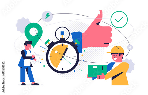 Online parcel delivery service concept. Online service for fast delivery of parcel to your home. A happy man gets a quickly completed order from a courier. Courier with box. Flat vector illustration