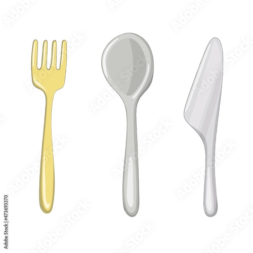 Nice cartoon cutlery. Fork  spoon and knife for a fairy-tale character or doll. Toy kitchen. Hand drawn vector illustration