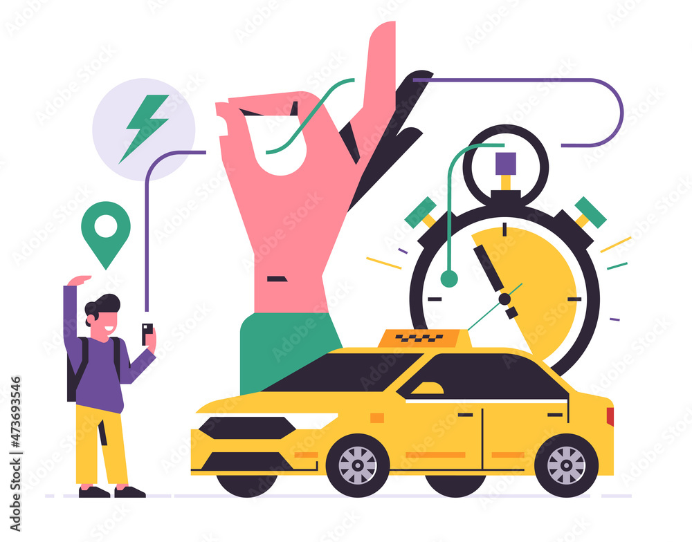Online taxi ordering service. City taxi service. Happy passenger, yellow car, stopwatch, line, icon. Vector illustration isolated on background