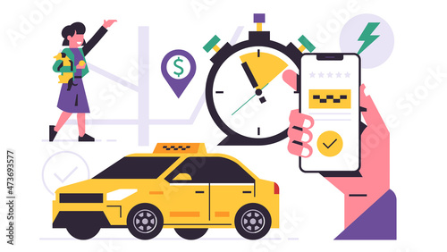 Taxi ordering service mobile application concept. A hand holding a phone with booking a taxi on the display. Urban cab service, yellow car, city map, happy woman. Flat vector illustration