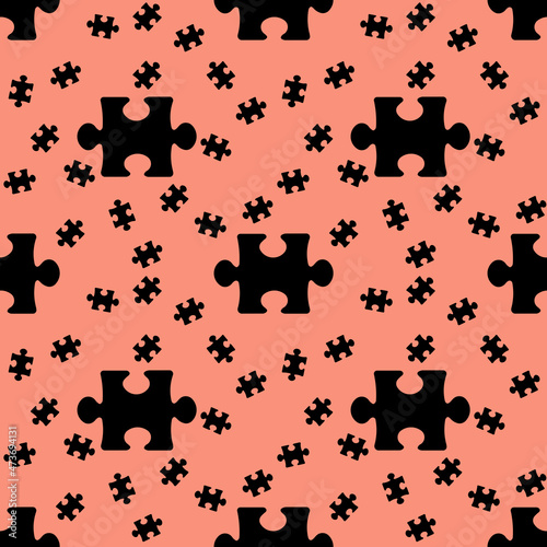 Fototapeta Naklejka Na Ścianę i Meble -  Seamless pattern. image of black puzzle elements on pastel red backgrounds. riddle. Template for application to surface. 3D image. 3D rendering.