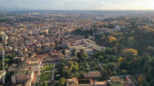 Aerial drone flight over famous Rome district of Trastevere with beautiful Roman architecture, Italy