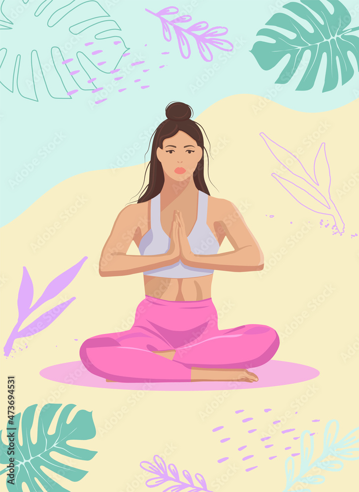 the girl is doing yoga sitting in the lotus position against the background of nature and plants