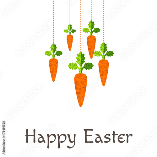 Happy Easter vector greeting card with carrots. Happy easter background with text. Polygonal carrots. Eps 10.