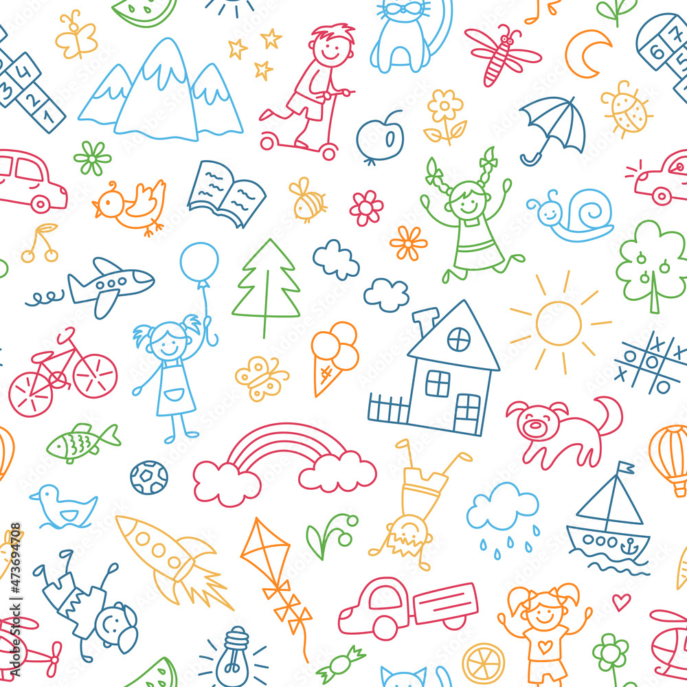 Seamless pattern with doodle children house, sun and bike. Hand drawn funny little kids play, run and jump. Color cute children crayon drawing. Vector illustration in doodle style on white background.