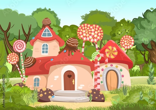 Candy hut At edge of forest. Sweet caramel fairy house. Summer cute landscape. Illustration in cartoon style flat design. Picture for children. Vector