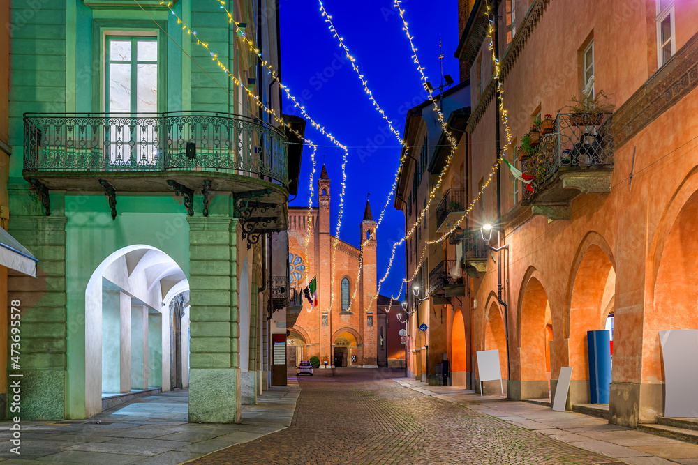 Old town of Alba with Christmas illumination.