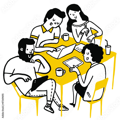 Doodle illustration of young businessman and businesswoman working at table in teamwork concept. Outline, linear, thin line art, hand drawn sketch, simple style.