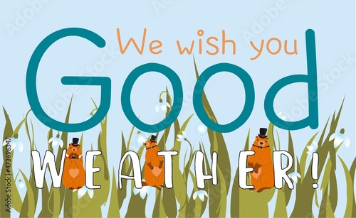 Happy Groundhog Day greeting card. Happy marmot Day Typographic Vector Design with Cute Groundhog Character - Advertising Poster.