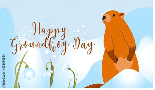 Happy Groundhog Day greeting card. Happy marmot Day Typographic Vector Design with Cute Groundhog Character - Advertising Poster.