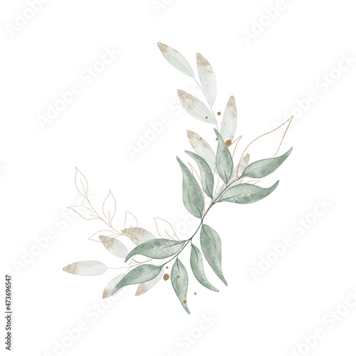 Green and gold spring creative floral watercolor composition with hand