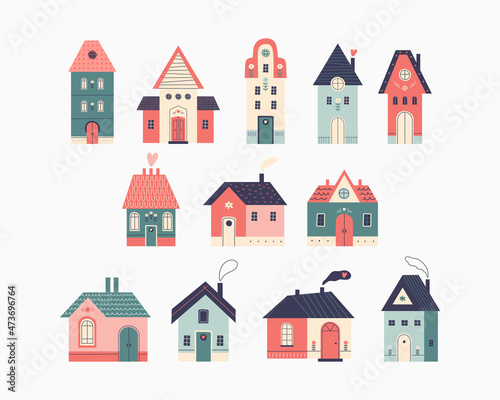 Colored set of small tiny houses and small buildings in Scandinavian style. Urban and village house exterior with tiled roofs, windows, doors, chimneys with smoke. Hand drawn vector flat illustration.