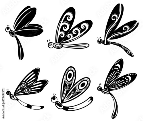 Set of beautiful dragonflies silhouettes style decorations