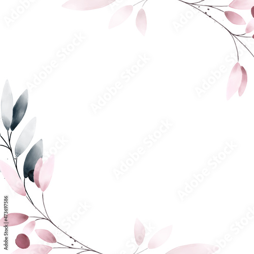 Fairly pink and blue creative floral watercolor background and border