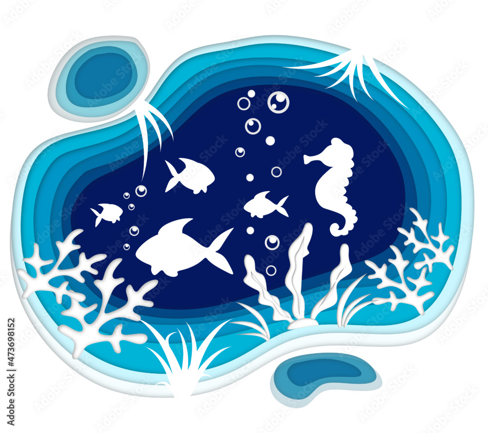 Obraz premium Paper art of the fish in under water world with fish, sea horses and plants in a paper cut style. vector art and illustration. 