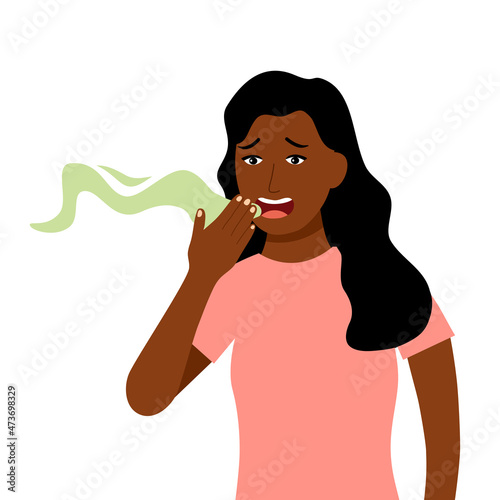 African woman with bad breath in flat design on white background. Smelly mouth concept vector illustration.
