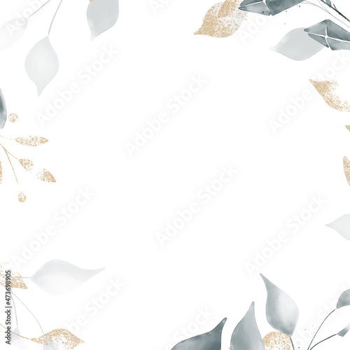 cold blue and gold creative floral watercolor border and background