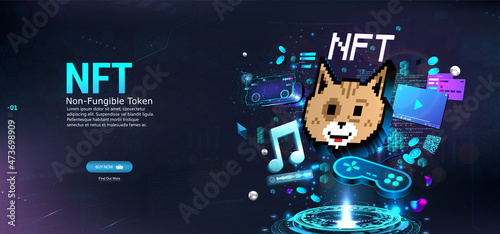 NFT token in crypto artwork. Banner Non-fungible token with aspects of intellectual property. NFT token in blockchain technology in digital crypto art. ERC20. 3D hologram with Cryptocurrency and art