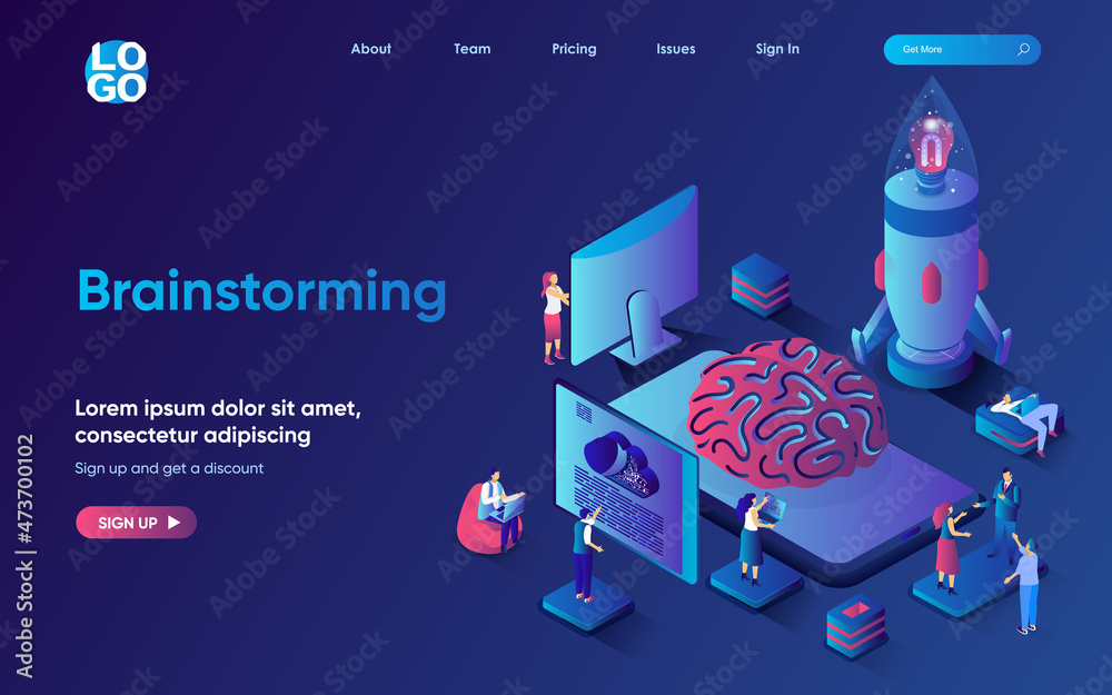 Brainstorming concept isometric landing page. Team generate new ideas, collaborate creative work, business innovation, 3d web banner template. Vector illustration with people scene in flat design Brainstorming concept isometric landing page. Team generate new ideas, collaborate creative work, business innovation, 3d web banner template. Vector illustration with people scene in flat design