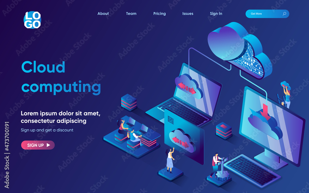 Cloud computing concept isometric landing page. Cloud technology of files download and storage, data connection network, 3d web banner template. Vector illustration with people scene in flat design