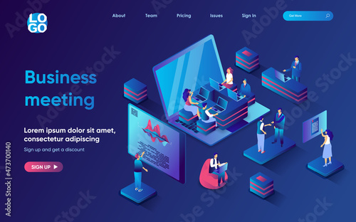 Business meeting concept isometric landing page. Team discuss work tasks at conference, consulting ana teamwork management, 3d web banner template. Vector illustration with people scene in flat design