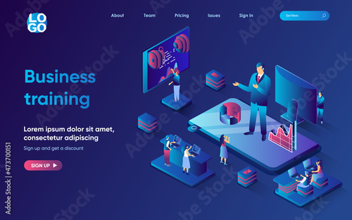 Business training concept isometric landing page. Team listen to motivational speaker, professional skills improvement, 3d web banner template. Vector illustration with people scene in flat design