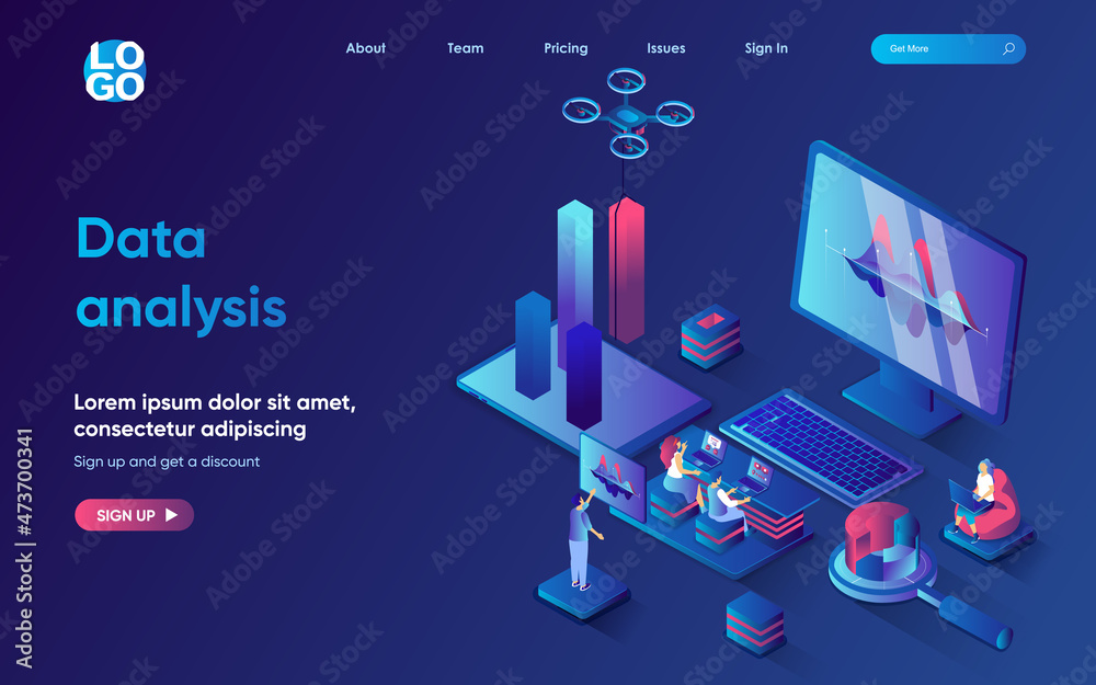 Data analysis concept isometric landing page. Team analyze financial statistics, analyze data charts and analytics graph, 3d web banner template. Vector illustration with people scene in flat design Data analysis concept isometric landing page. Team analyze financial statistics, analyze data charts and analytics graph, 3d web banner template. Vector illustration with people scene in flat design